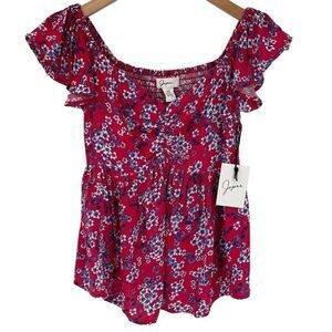Japna Floral Ruffle Short Sleeve Off The Shoulder Flowy Top Boho‎ Juniors XS Red